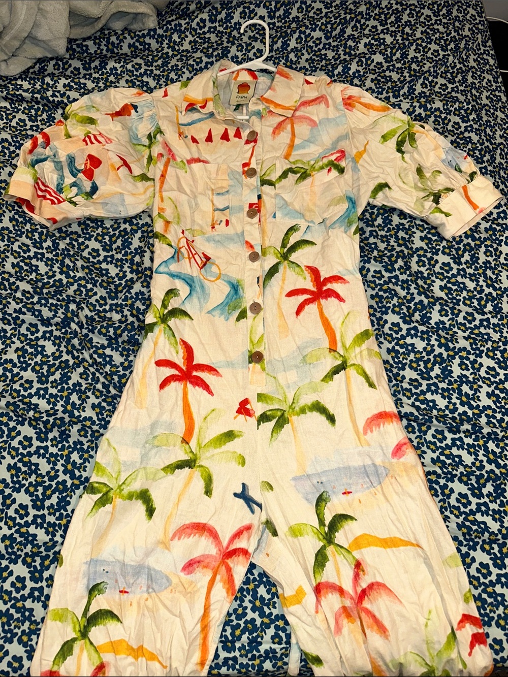 Anthropologie White Tropical Palm-Print Jumpsuit